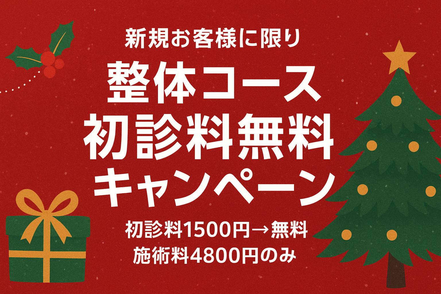 整体コース 初診料無料キャンペーン 新規お客様に限り 整体コース 初診料無料キャンペーン
初診料1500円→無料
施術料4800円のみ
